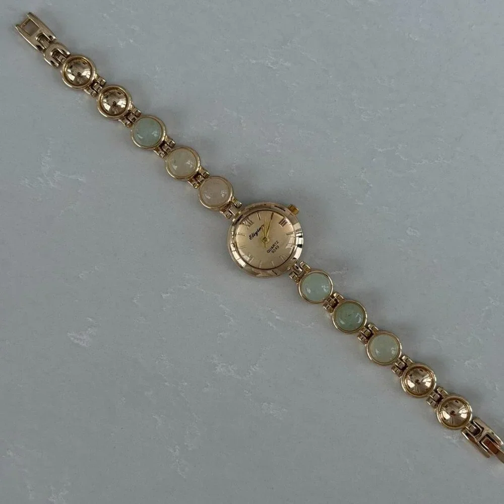 Sku0503 Gold Green Gemstones Women Casual Watch Bracelet Stainless steel